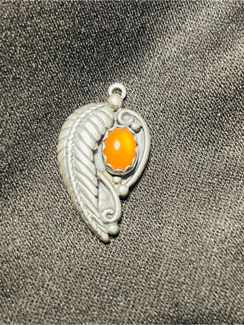 Sterling Silver Feather  Charm with Orange Stone